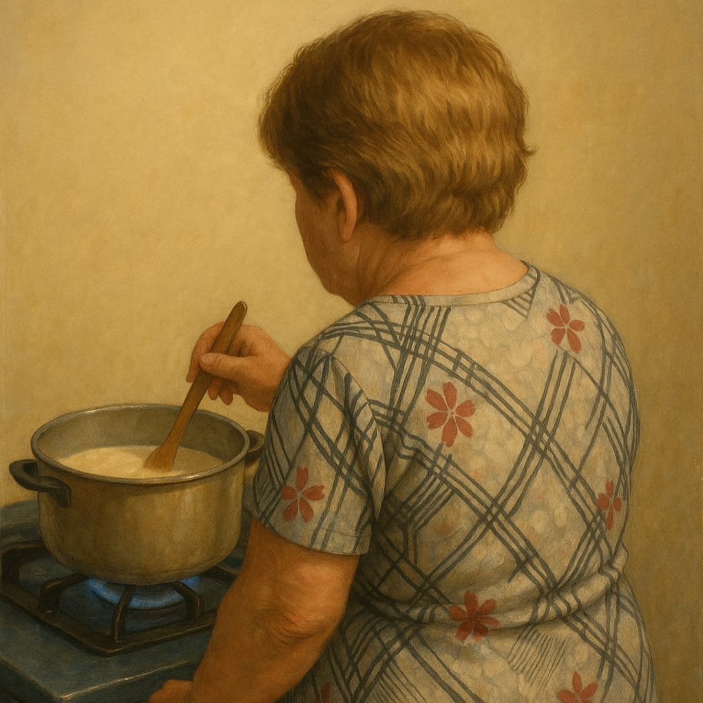 Cozinha da vó preparando pudim